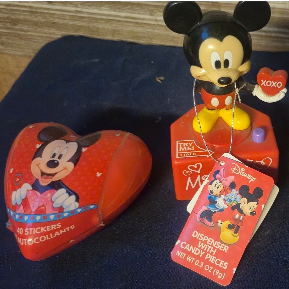 Disney Mickey Mouse Talking Candy Dispenser and Heart Sticker Tin Valentine Set
